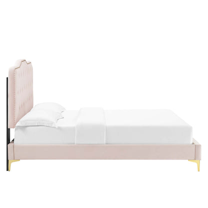 Amber tufted velvet platform bed with pale pink headboard and white bedding on Tampa Home & Garden Store