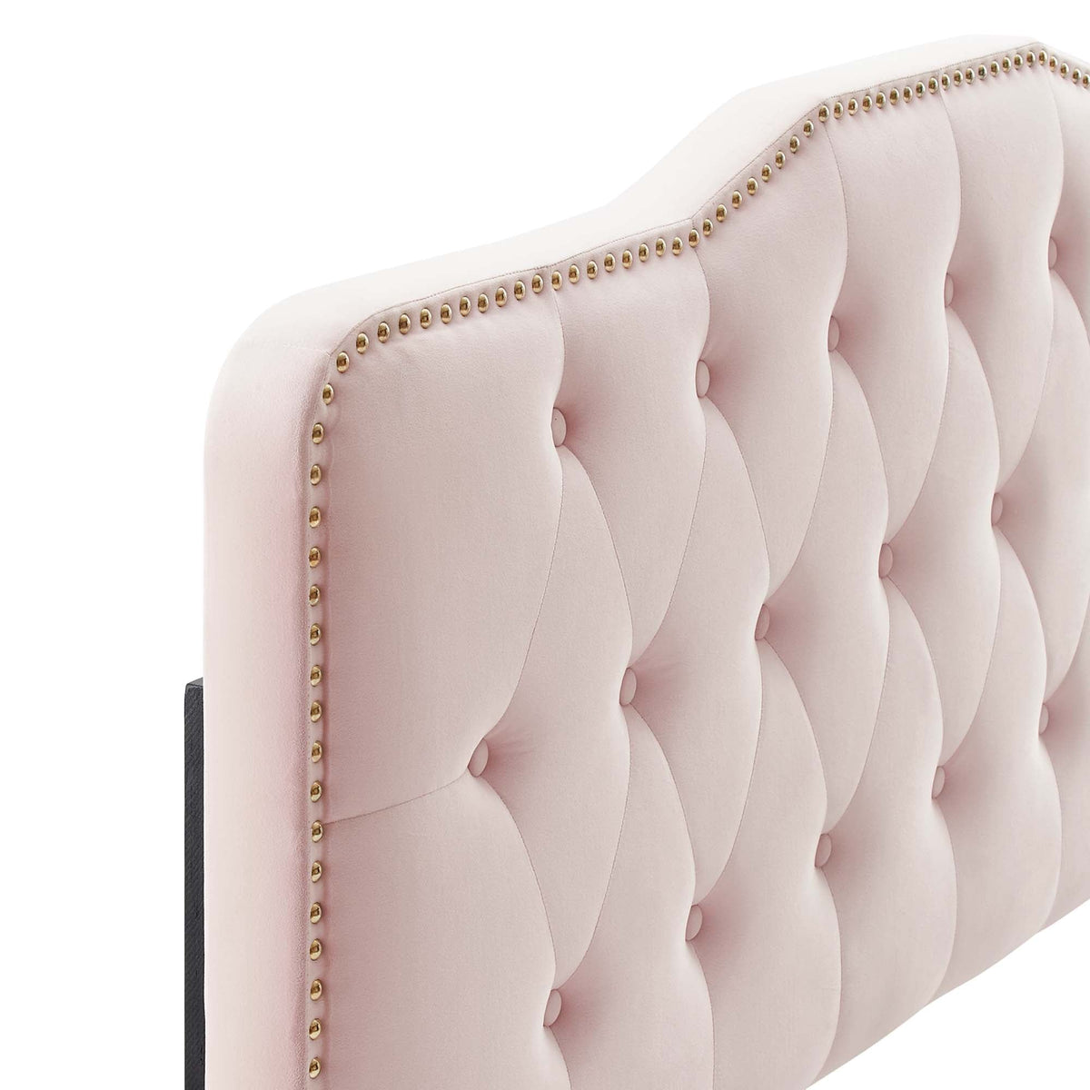 Amber tufted performance velvet platform bed with gold nailhead trim on Tampa Home & Garden Store