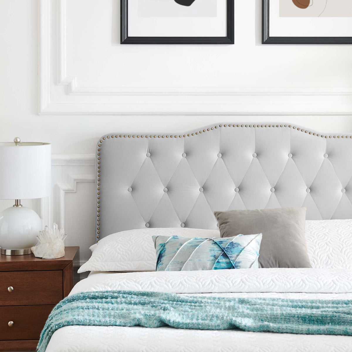 Amber Tufted Velvet Platform Bed Modway, gray accent headboard with nailhead trim in a white room on Tampa Home & Garden Store