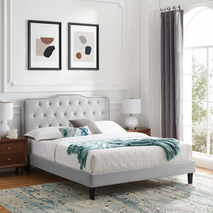 Amber tufted performance velvet platform bed by Modway with gray headboard and white bedding on Tampa Home & Garden Store