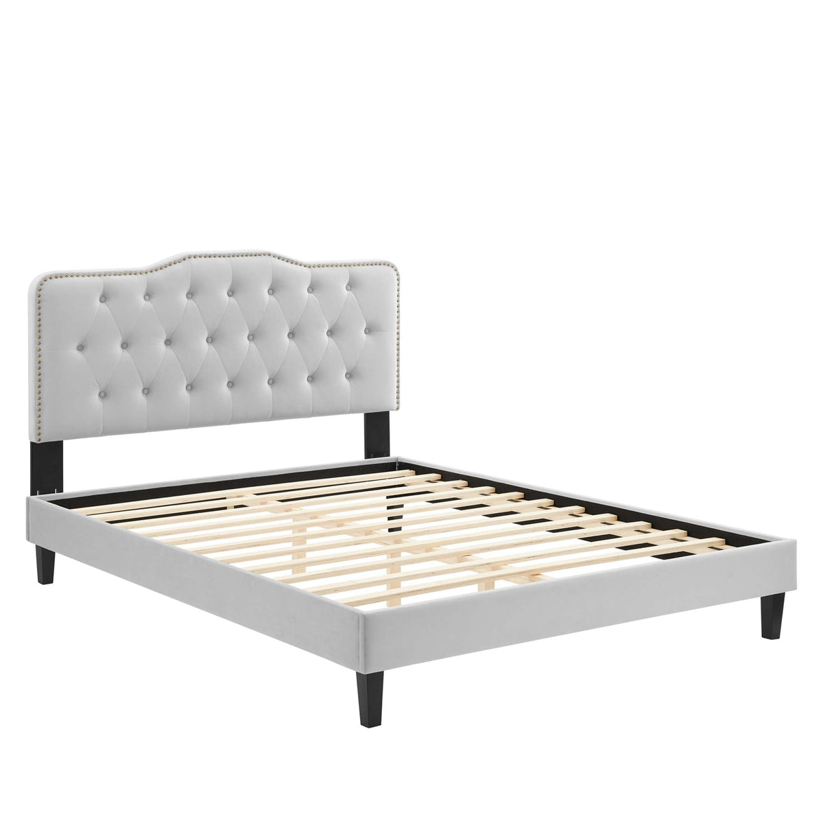 Amber Tufted Velvet Platform Bed white headboard with nailhead trim black legs slatted base on Tampa Home & Garden Store