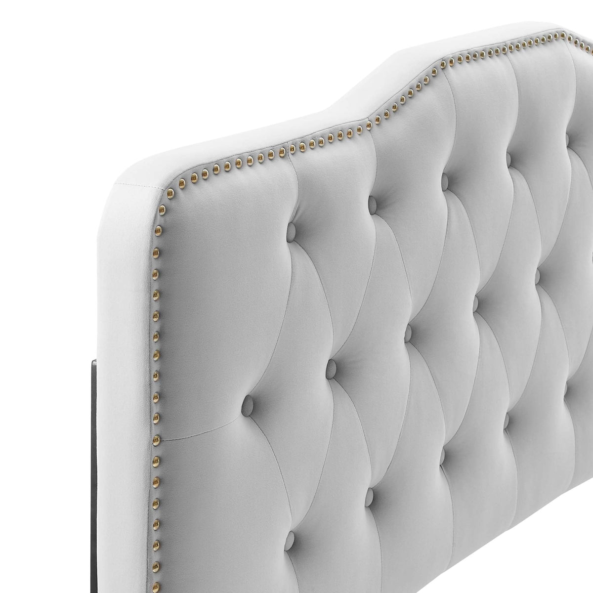 Amber tufted performance velvet platform bed with gold nailhead trim, light gray upholstery on Tampa Home & Garden Store