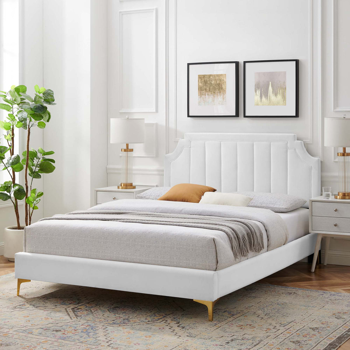 Sienna Performance Velvet King Platform Bed Modway MOD-6918, white upholstered headboard on Tampa Home & Garden Store
