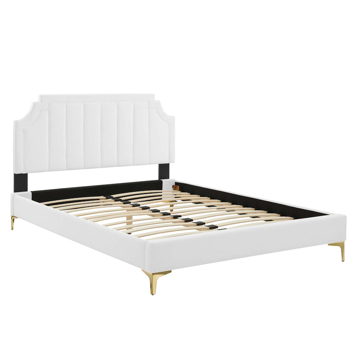 Sienna King Platform Bed by Modway, white velvet headboard with vertical panels, white frame on Tampa Home & Garden Store