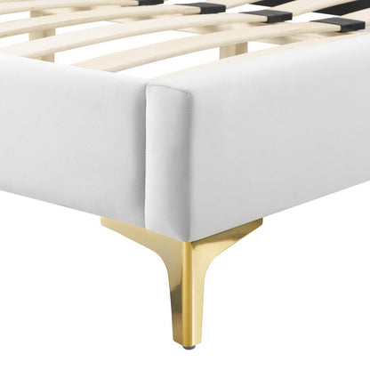 Sienna Performance Velvet King Platform Bed with white upholstery and gold legs on Tampa Home & Garden Store