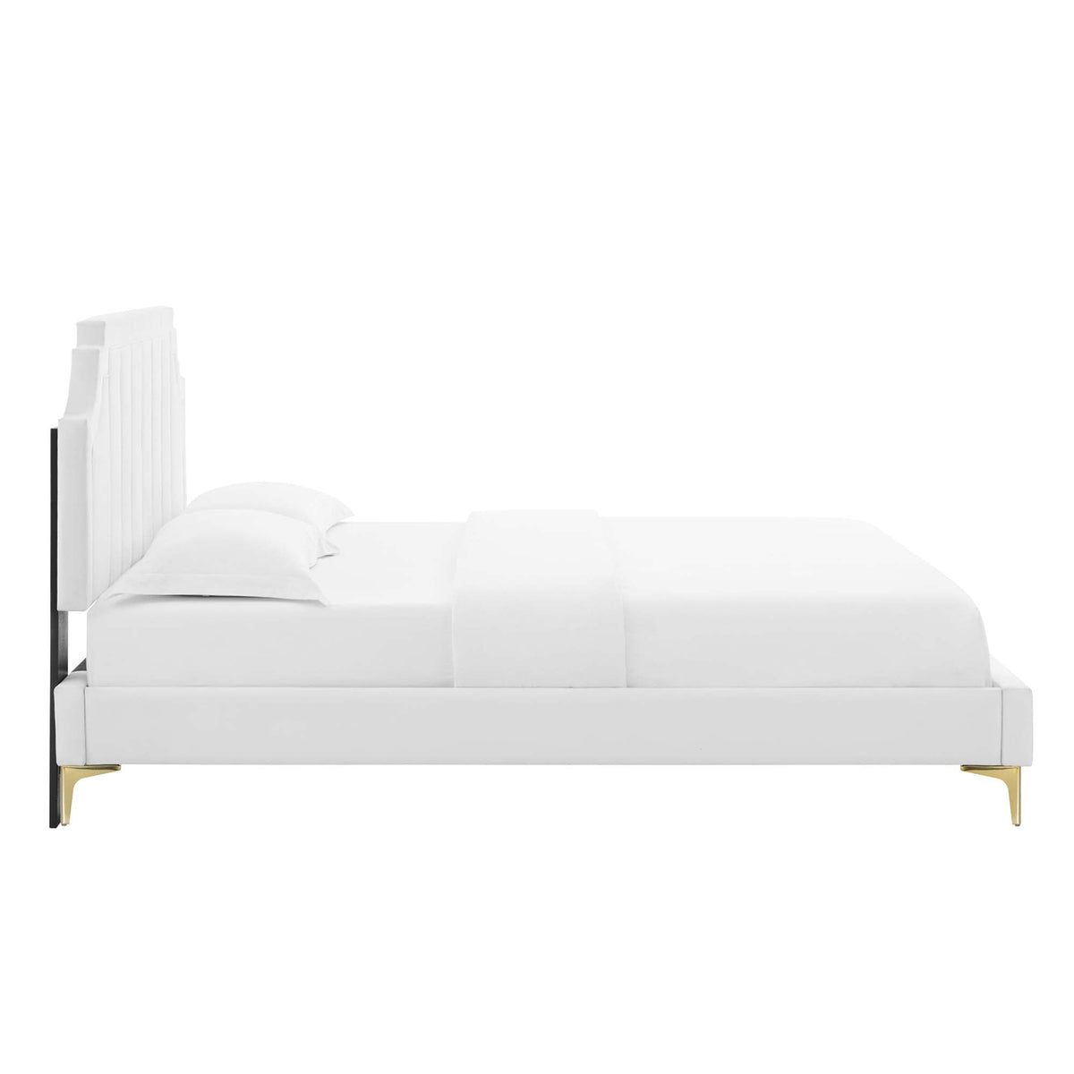 Sienna Velvet King Platform Bed white with tall headboard and gold legs on Tampa Home & Garden Store