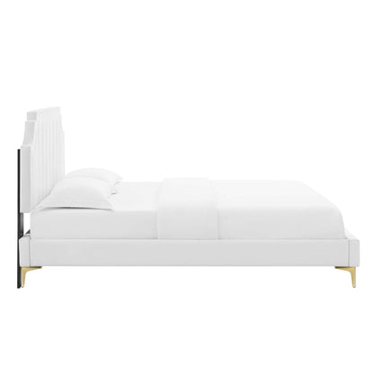 Sienna Velvet King Platform Bed white with tall headboard and gold legs on Tampa Home & Garden Store