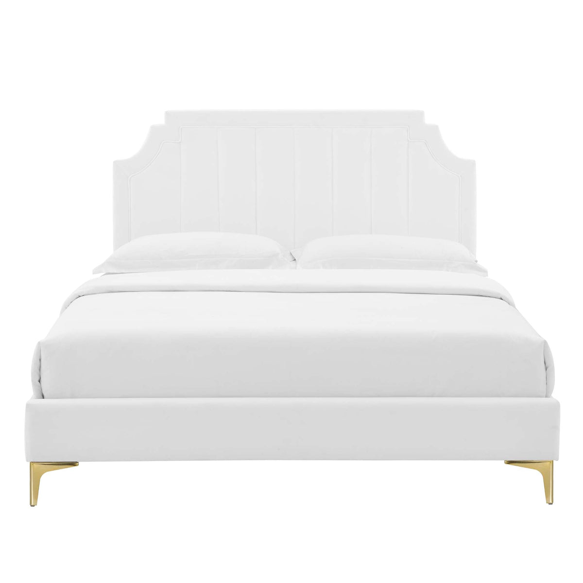 Sienna Performance Velvet King Platform Bed white velvet upholstery with gold legs on Tampa Home & Garden Store
