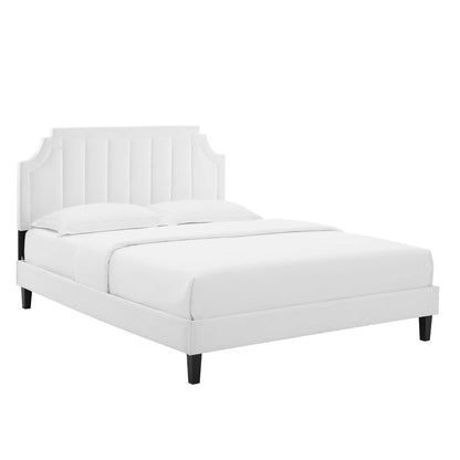 Sienna velvet king platform bed with white upholstered headboard and black legs on Tampa Home & Garden Store