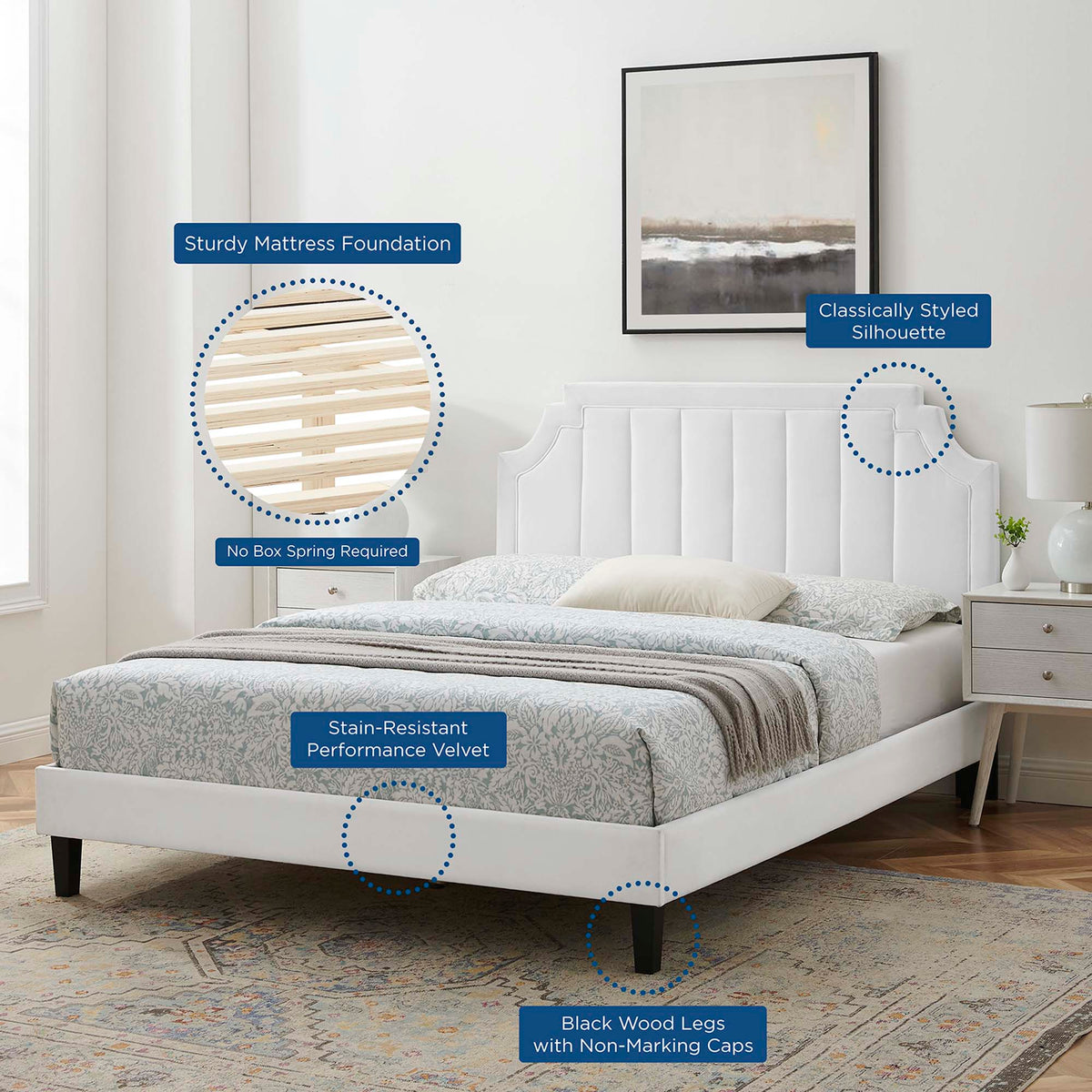 Sienna Performance Velvet King Platform Bed in white velvet with black tapered legs on Tampa Home & Garden Store