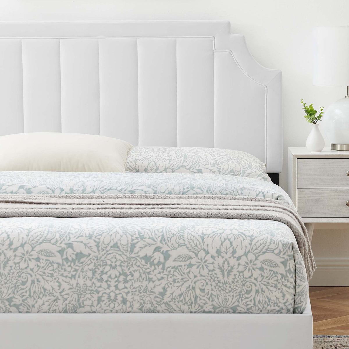 Sienna velvet king platform bed headboard in light gray with vertical panels on Tampa Home & Garden Store