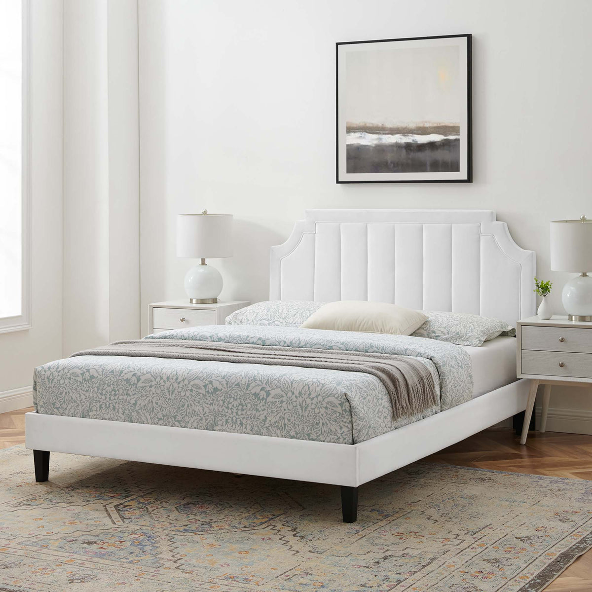 Modway Sienna king platform bed in white velvet with a tall paneled headboard on Tampa Home & Garden Store