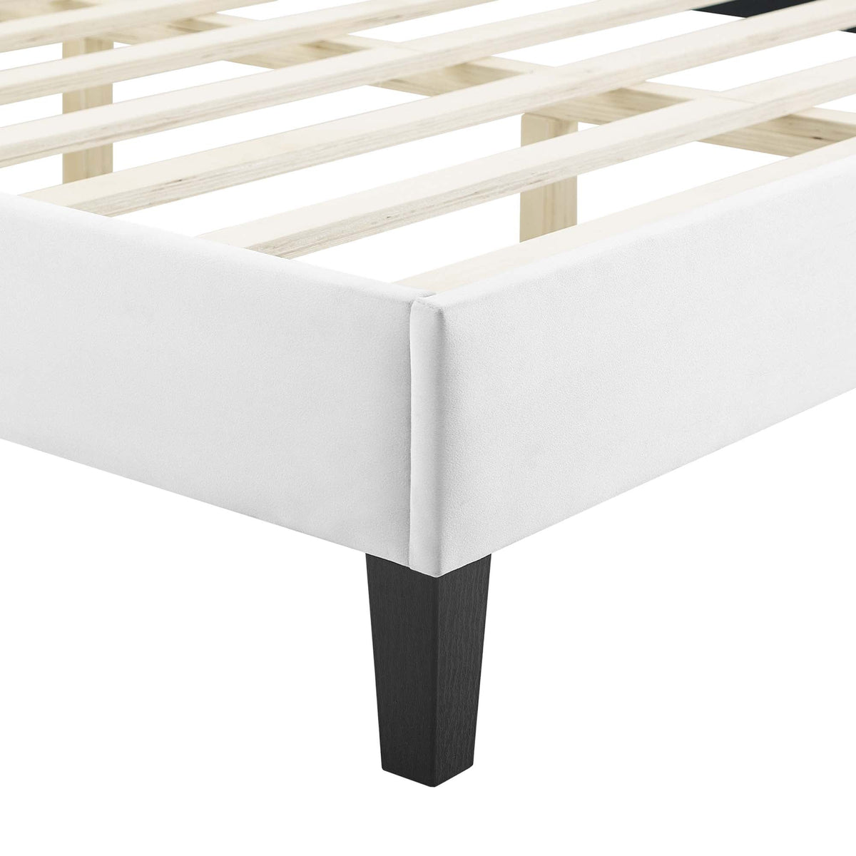 Sienna Velvet King Platform Bed frame with white upholstery and light wood slats, dark legs on Tampa Home & Garden Store