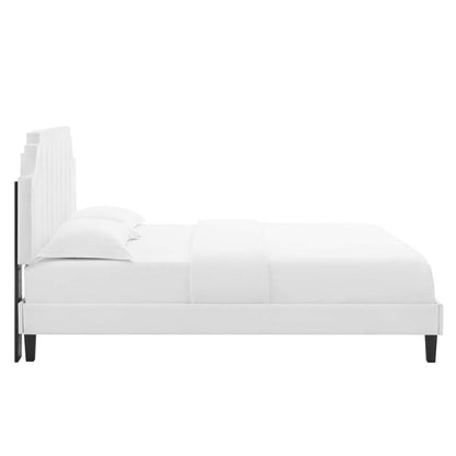 Sienna Performance Velvet King Platform Bed by Modway, white velvet, tall headboard, dark legs on Tampa Home & Garden Store