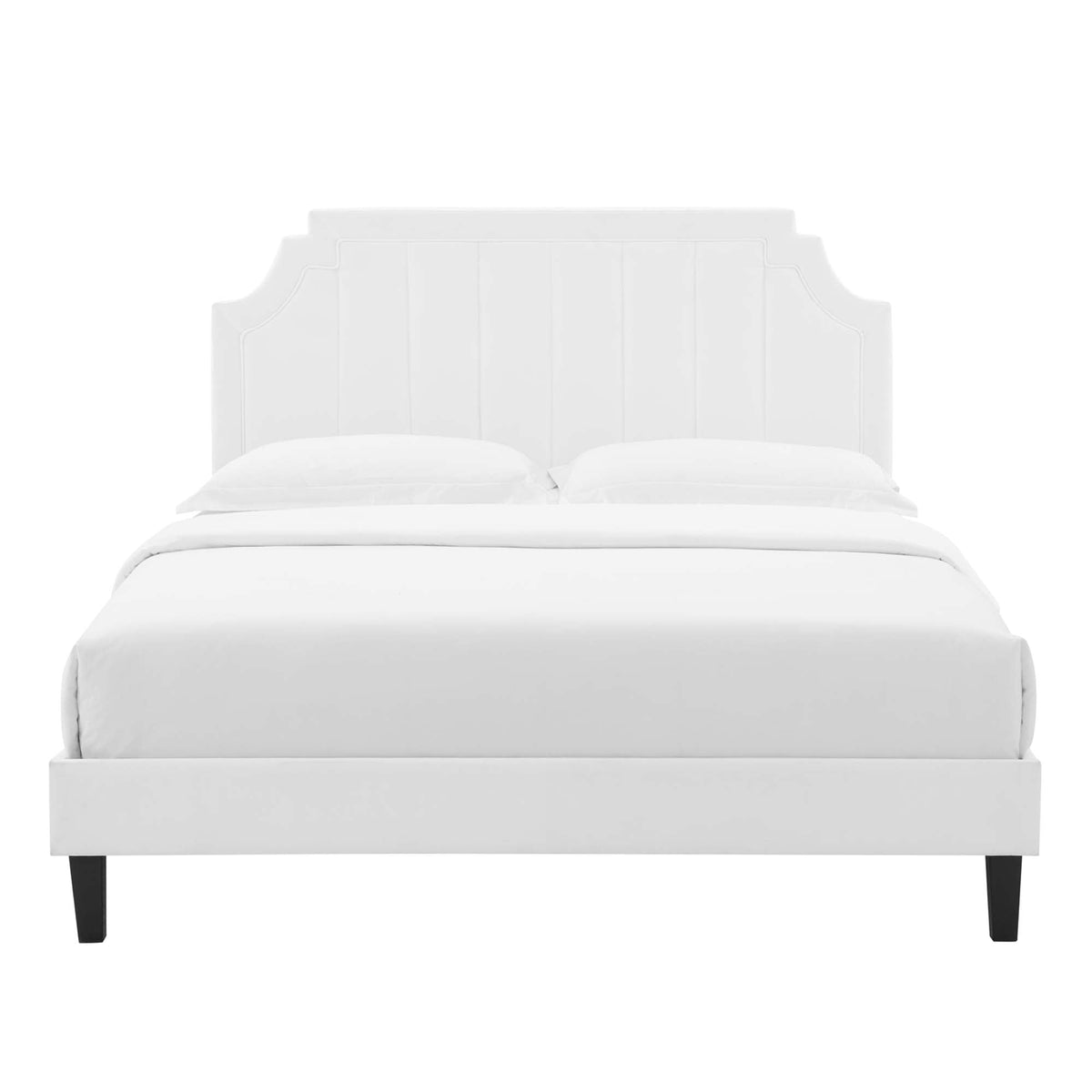 Sienna Performance Velvet King Platform Bed in white with black legs, 2 pillows on bed on Tampa Home & Garden Store