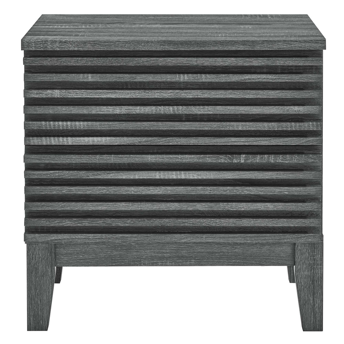 Render two-drawer nightstand in dark charcoal gray wood grain finish on Tampa Home & Garden Store