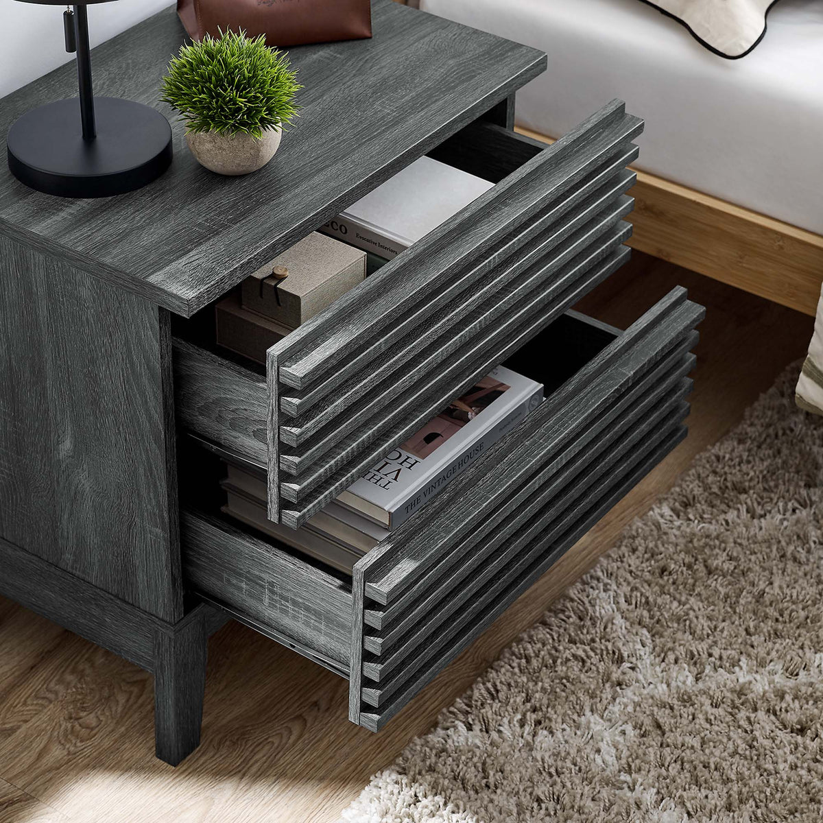 Render Two-Drawer Nightstand by Modway in grey weathered wood with slatted drawer fronts on Tampa Home & Garden Store