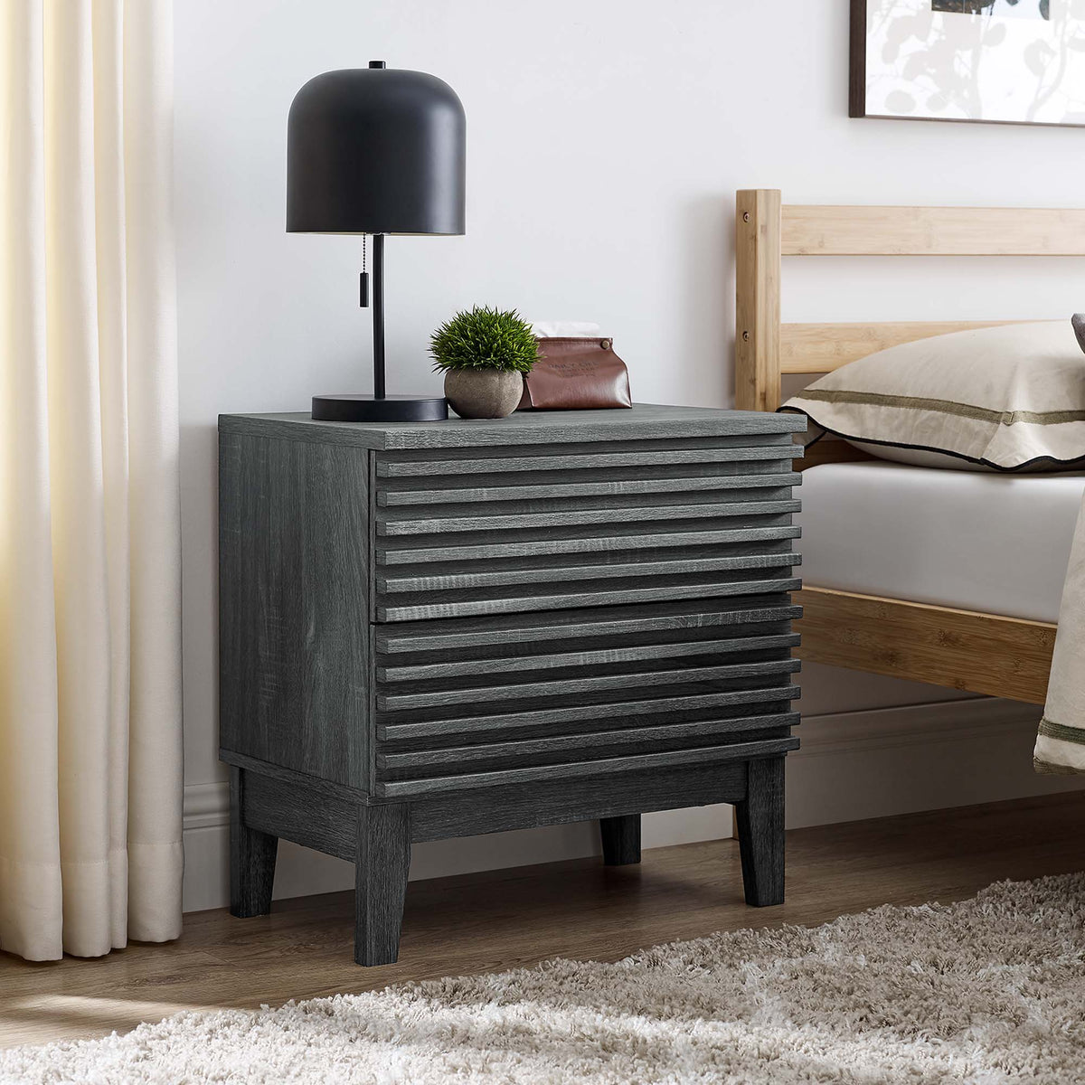 Render Two-Drawer Nightstand by Modway, charcoal wood with horizontal slat fronts on Tampa Home & Garden Store
