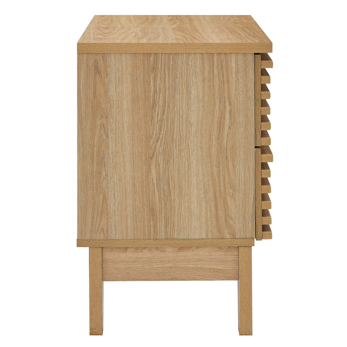 Two-drawer nightstand in natural oak finish with visible grain and slatted side detail on Tampa Home & Garden Store
