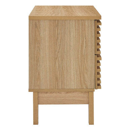 Two-drawer nightstand in natural oak finish with visible grain and slatted side detail on Tampa Home & Garden Store