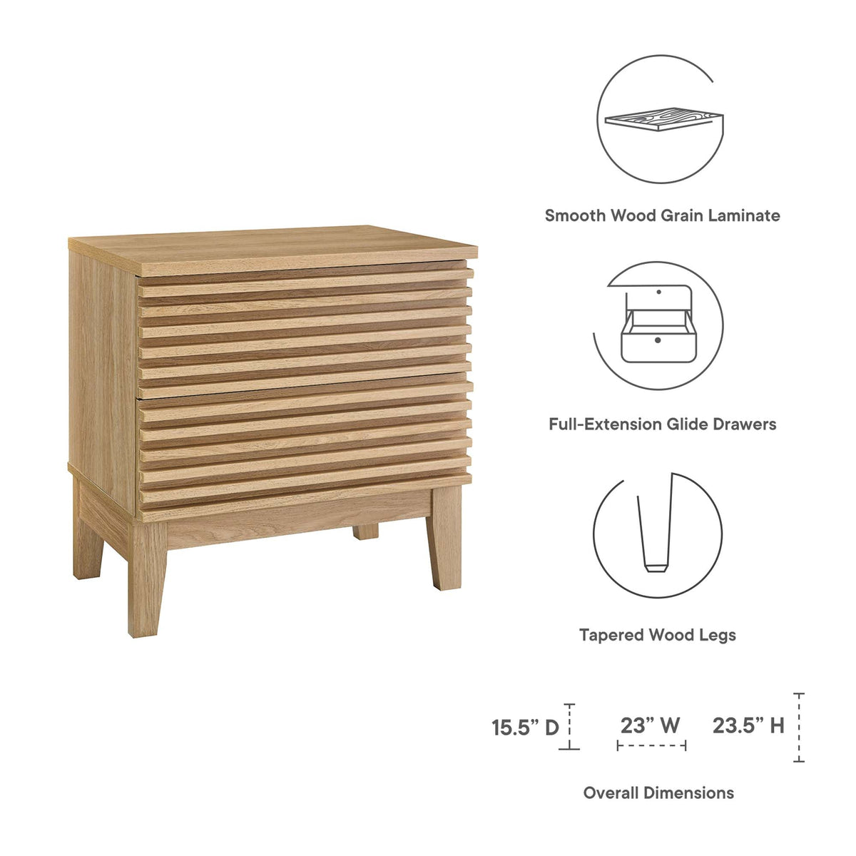 Render Two-Drawer Nightstand with slatted front and tapered wood legs by HouseOfZazla on Tampa Home & Garden Store
