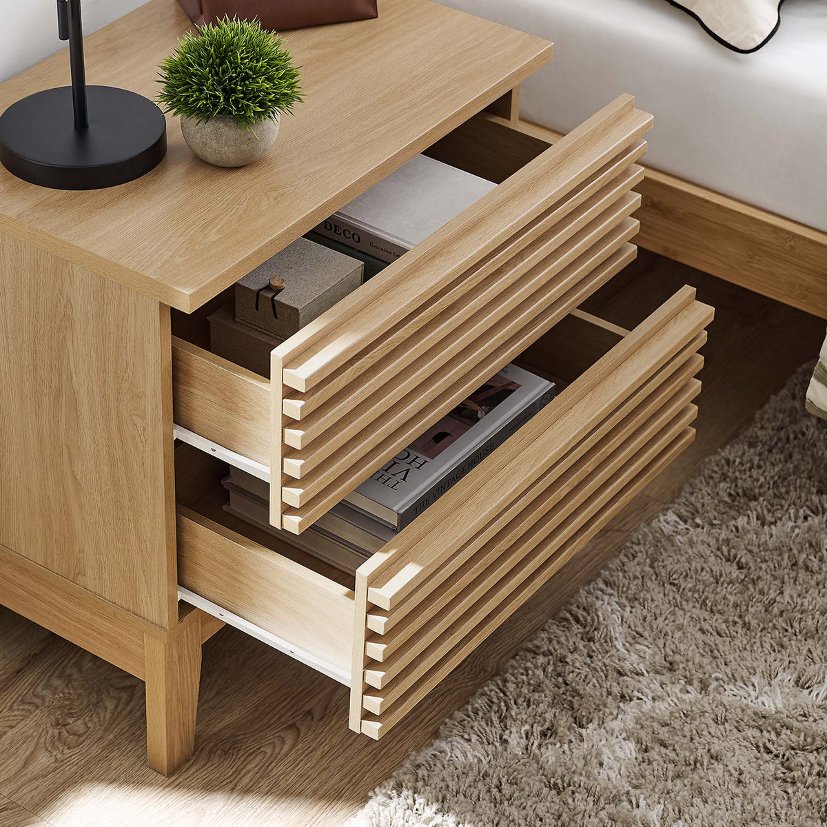 Render Two-Drawer Nightstand by Modway in natural oak with slatted-front drawers on Tampa Home & Garden Store