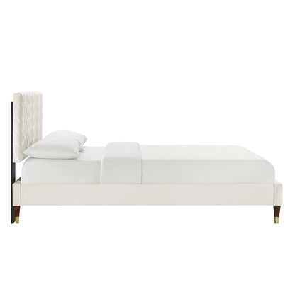 Leah Chevron tufted velvet queen platform bed with ivory upholstery by Modway MOD-6969 on Tampa Home & Garden Store