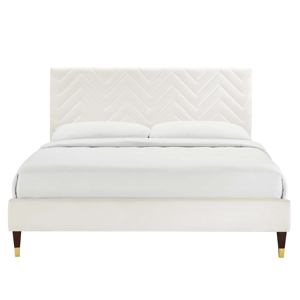 Leah Chevron Tufted Velvet Queen Platform Bed with white headboard and tapered wood legs on Tampa Home & Garden Store