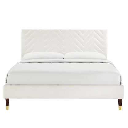 Leah Chevron Tufted Velvet Queen Platform Bed with white headboard and tapered wood legs on Tampa Home & Garden Store