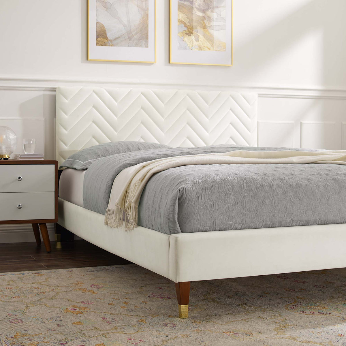 Leah Chevron Tufted Velvet Queen Platform Bed white chevron headboard by Modway MOD-6969 on Tampa Home & Garden Store