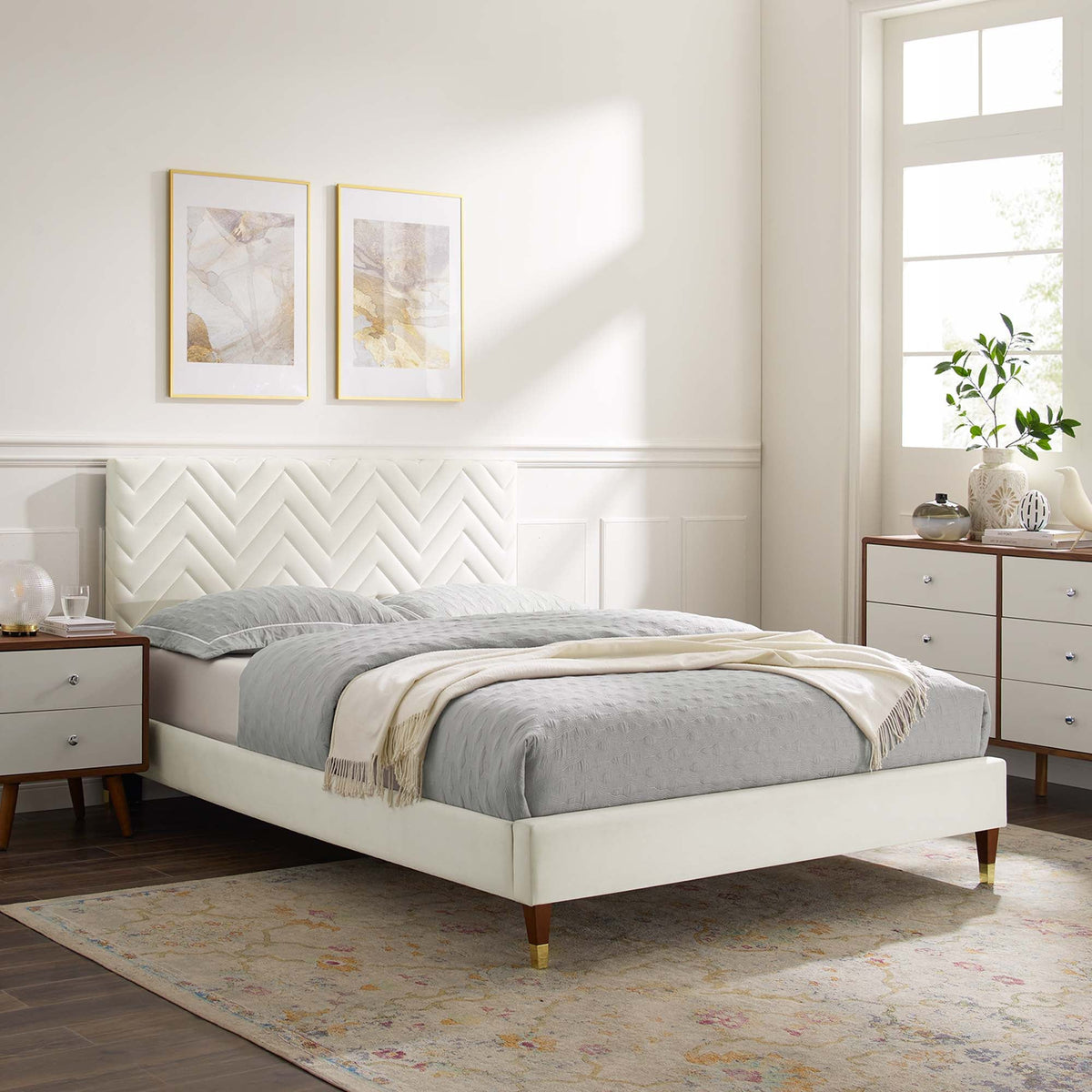 Leah Chevron Tufted Velvet Queen Platform Bed with white chevron headboard by HouseOfZazla on Tampa Home & Garden Store