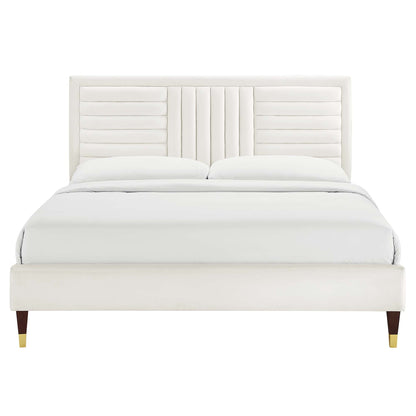 Sofia Channel Tufted Velvet Queen Platform Bed Modway MOD-6971 white padded headboard and wood legs on Tampa Home & Garden Store