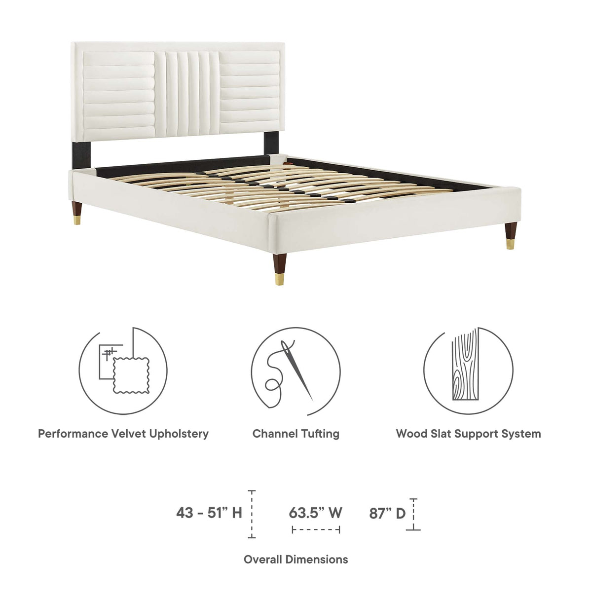 Sofia Channel Tufted Performance Velvet Queen Platform Bed in white with black legs on Tampa Home & Garden Store