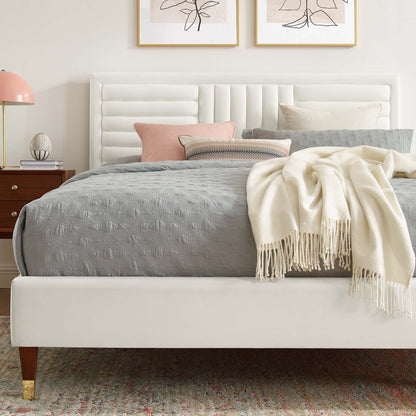 Sofia Queen Bed in white velvet with channel tufting; gray quilted coverlet and blush pillows on Tampa Home & Garden Store