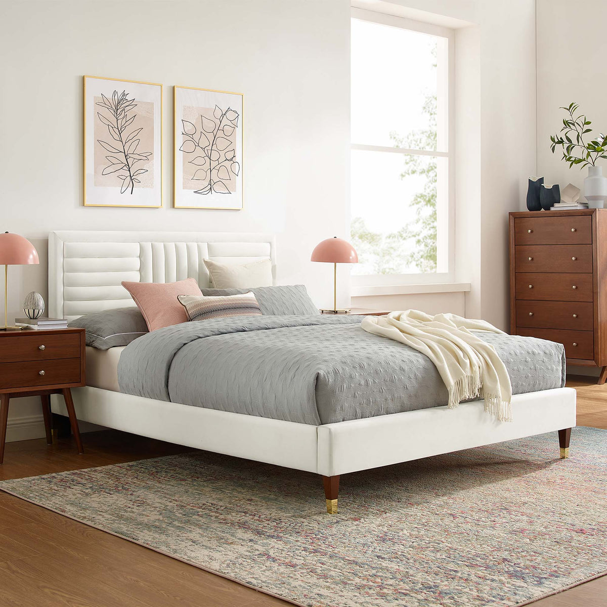 Queen Sofia channel tufted velvet platform bed with white headboard and gray bedding on Tampa Home & Garden Store