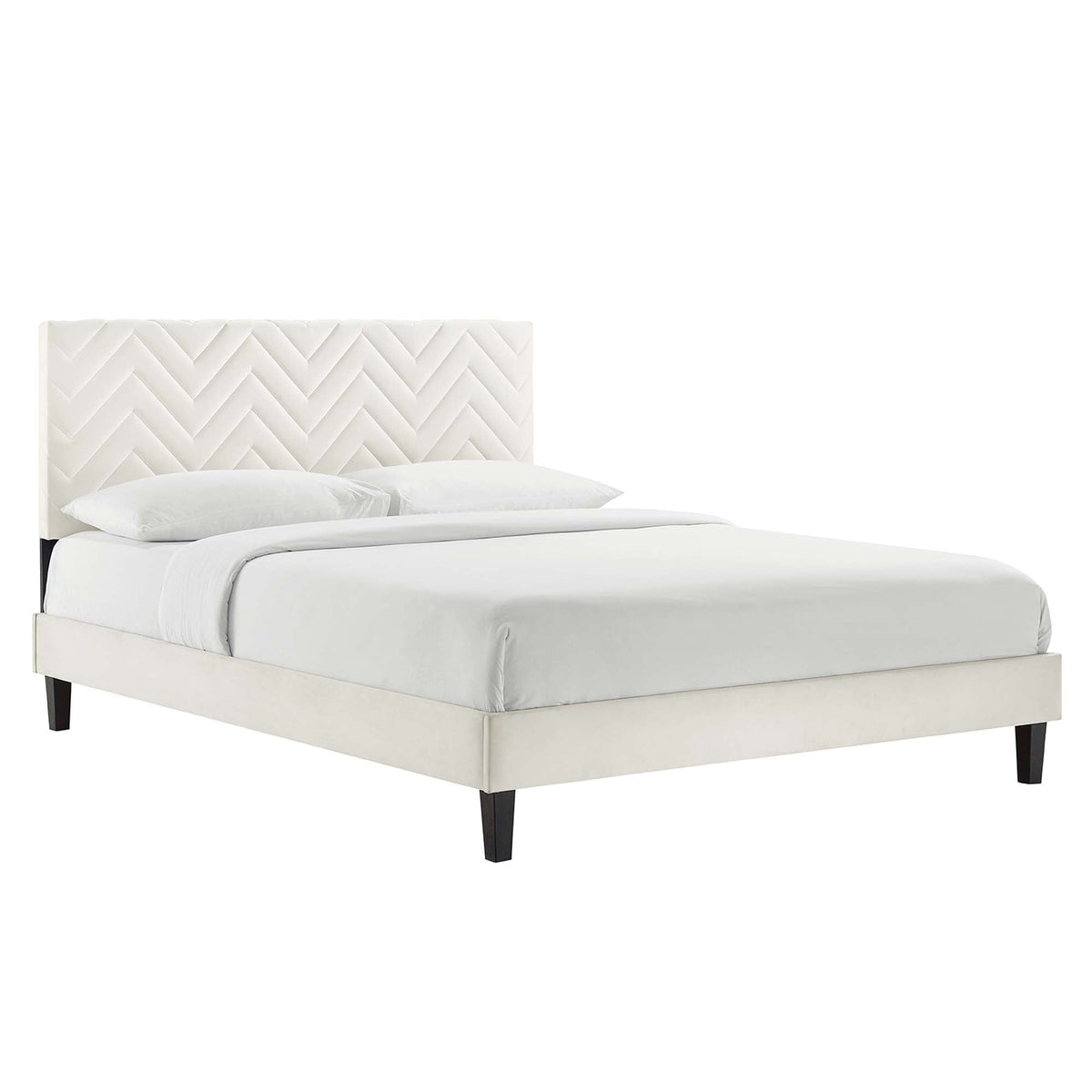 Leah tapered wood-leg chevron tufted performance velvet platform bed in white on Tampa Home & Garden Store