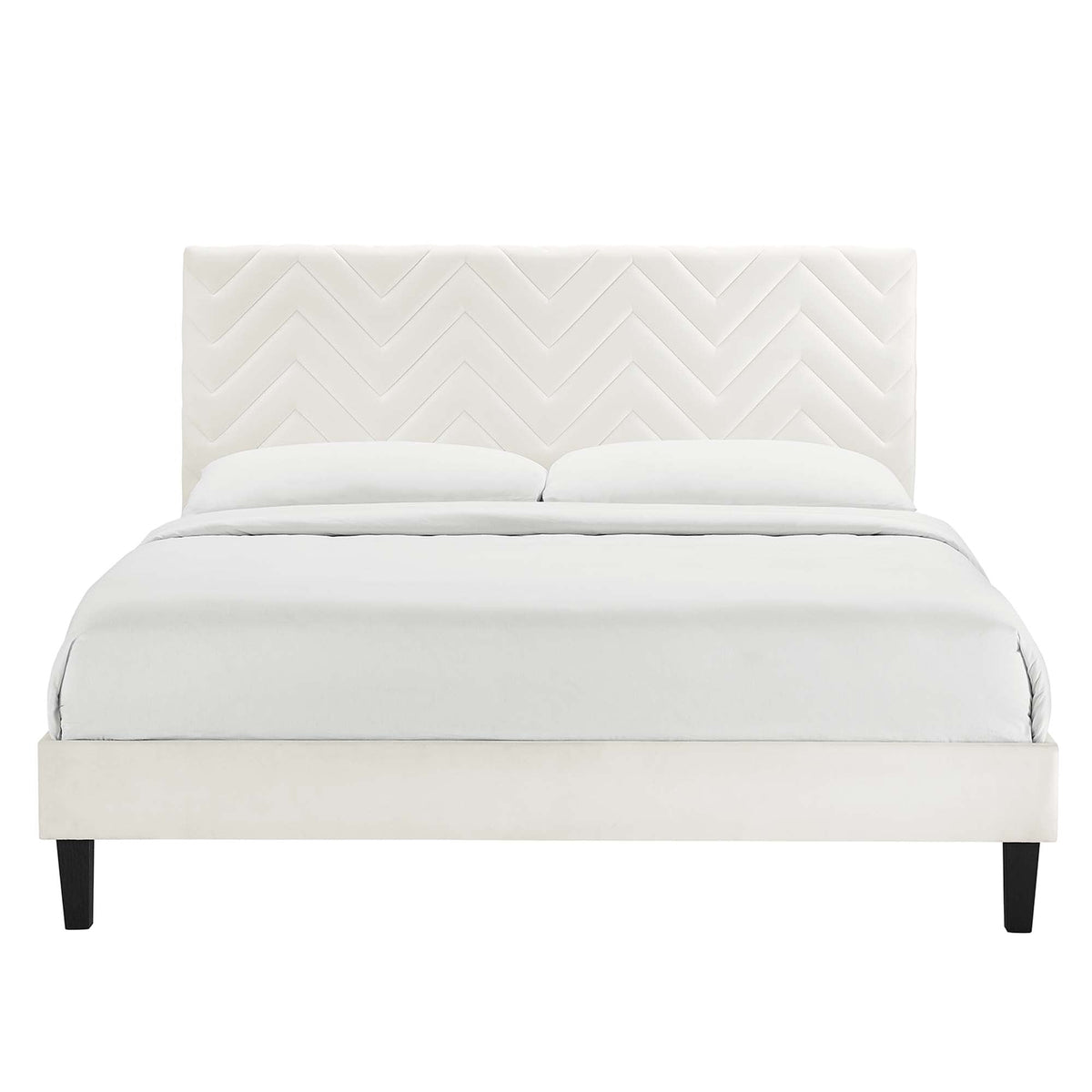 Leah tapered wood-leg chevron tufted velvet platform bed in white with black legs on Tampa Home & Garden Store