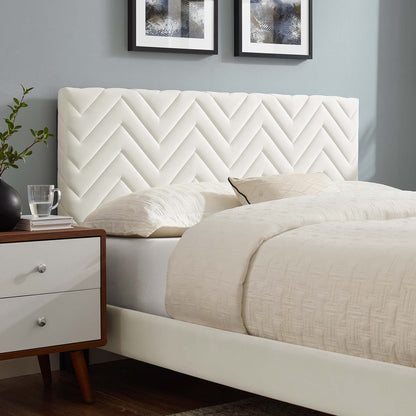 Leah chevron tufted platform bed with white performance velvet and tapered wood legs on Tampa Home & Garden Store