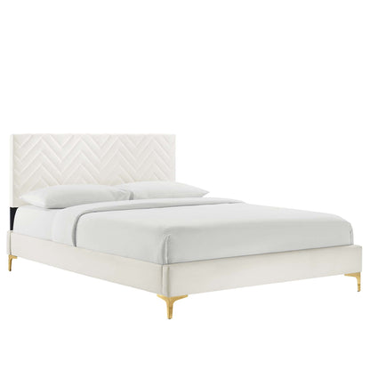 Leah Chevron Velvet Full Platform Bed with white chevron headboard and gold legs by HouseOfZazla on Tampa Home & Garden Store