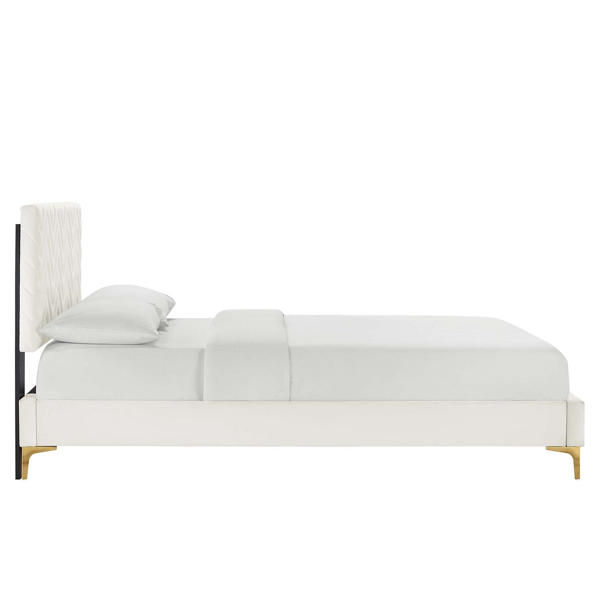 Leah Chevron Tufted Velvet Full Platform Bed MOD-6993 with white upholstery, black metal frame on Tampa Home & Garden Store