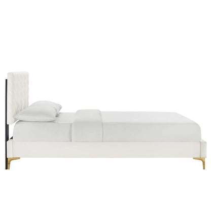Leah Chevron Tufted Velvet Full Platform Bed MOD-6993 with white upholstery, black metal frame on Tampa Home & Garden Store