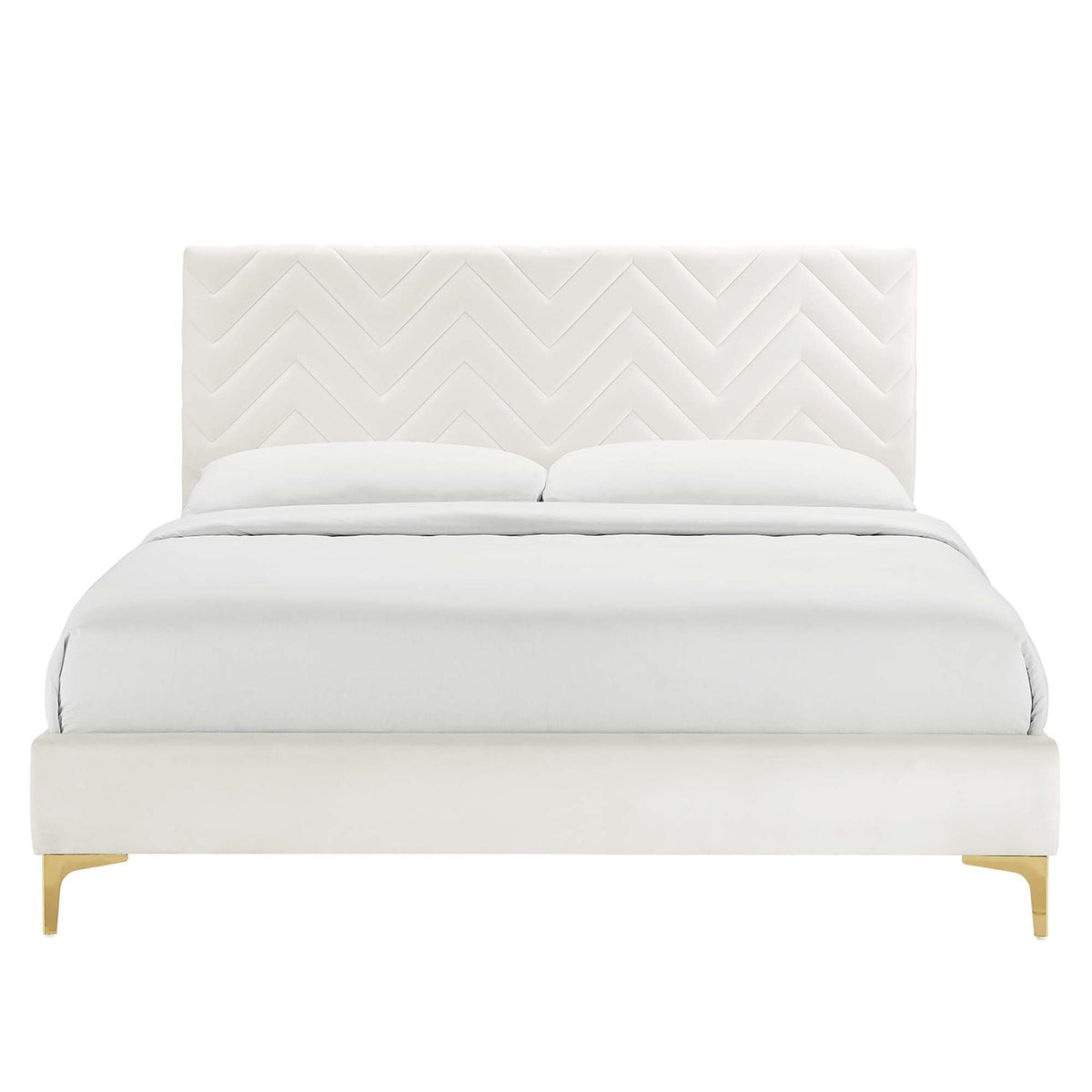 Leah chevron tufted velvet full platform bed by Modway with white upholstery and gold legs on Tampa Home & Garden Store
