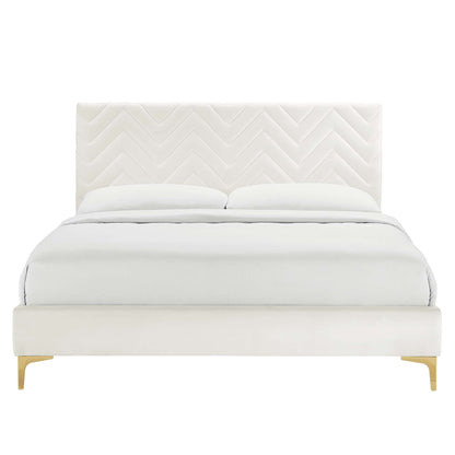 Leah chevron tufted velvet full platform bed by Modway with white upholstery and gold legs on Tampa Home & Garden Store