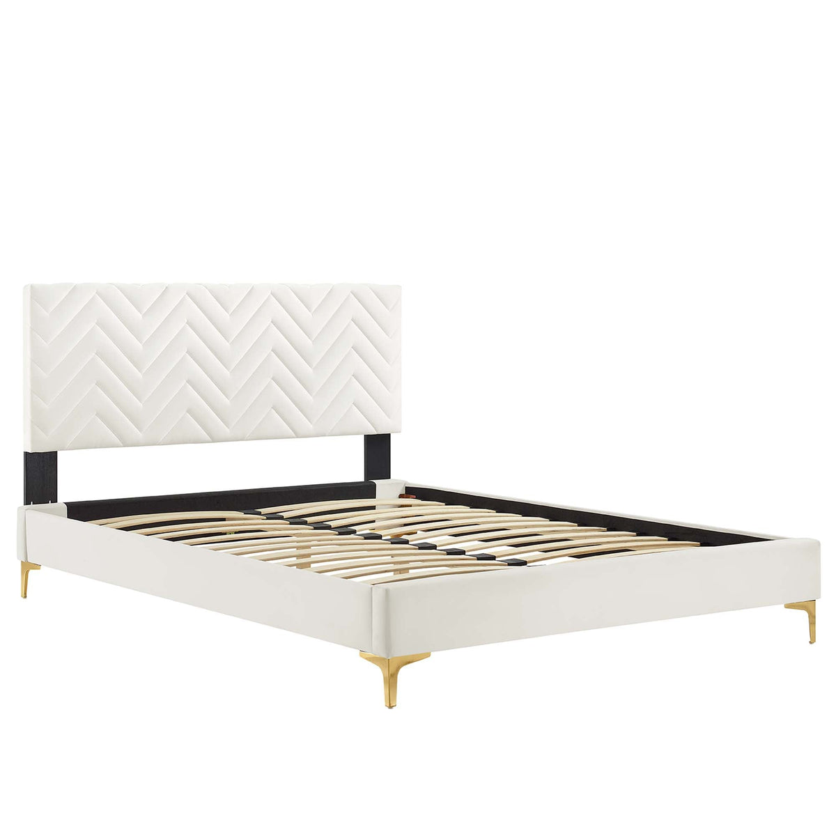 Leah Chevron Tufted Full Platform Bed white performance velvet with black legs and gold-tone feet on Tampa Home & Garden Store