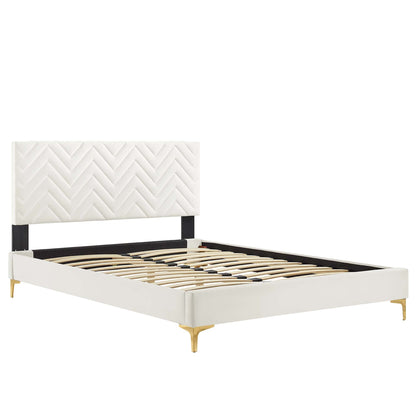 Leah Chevron Tufted Full Platform Bed white performance velvet with black legs and gold-tone feet on Tampa Home & Garden Store
