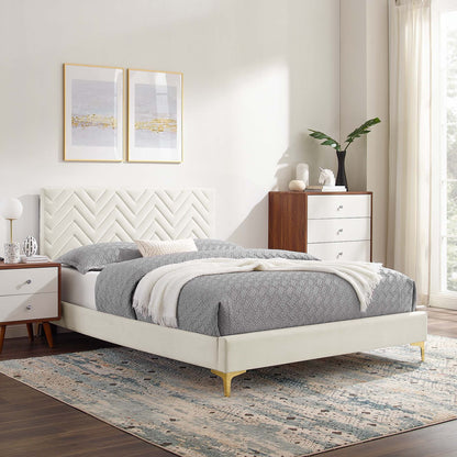 Leah Chevron Tufted Velvet Full Platform Bed with ivory upholstery and gold legs on Tampa Home & Garden Store
