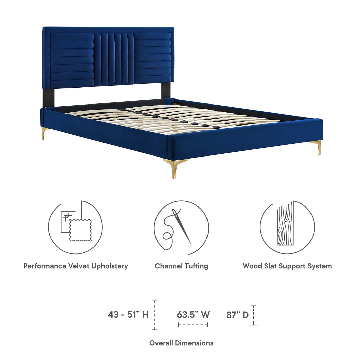 Sofia Tufted Velvet Platform Bed with Gold Legs