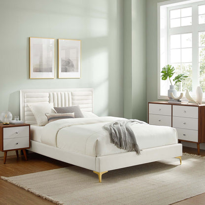 Sofia Tufted Velvet Platform Bed with Gold Legs