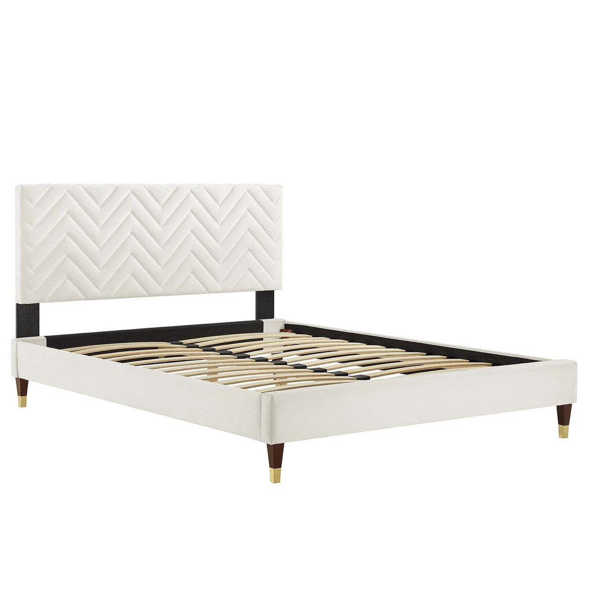 Leah Chevron Tufted Performance Velvet Full Platform Bed white chevron headboard with dark legs on Tampa Home & Garden Store