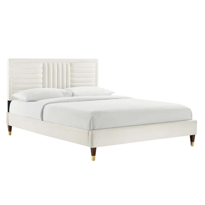 Sofia channel tufted velvet full platform bed MOD-6999 in white with dark wood legs and brass caps on Tampa Home & Garden Store